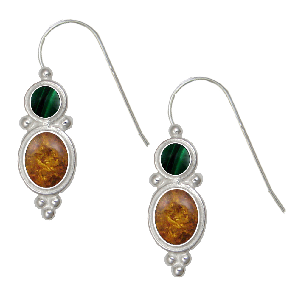 Sterling Silver Drop Dangle Earrings Amber And Malachite